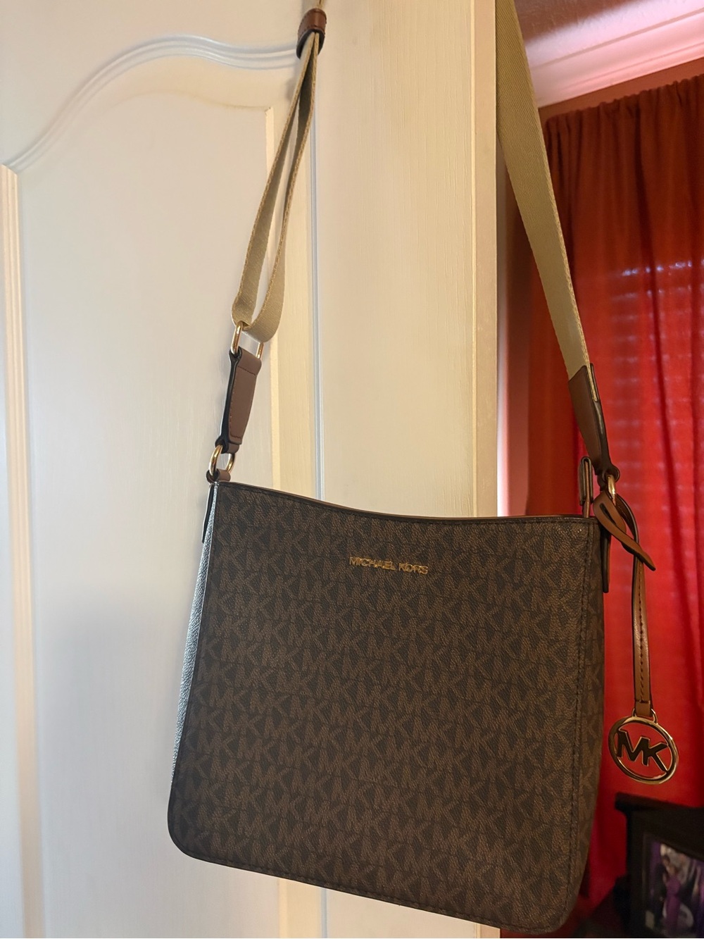 Michael Kors Brown MK Logo Crossbody Bag with Tan Strap